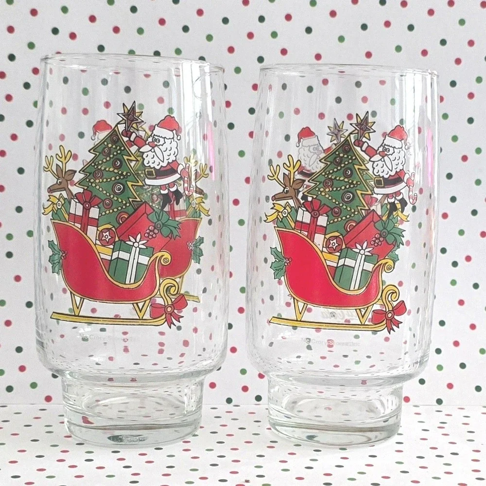 VTG 80's Coca Cola McCrory Stores Christmas Glasses Set of 2 Santa Reindeer Tree